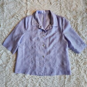 Lavender Purple Mature Short Sleeve Sheer Button Up Top Grandma Core Embroidered
